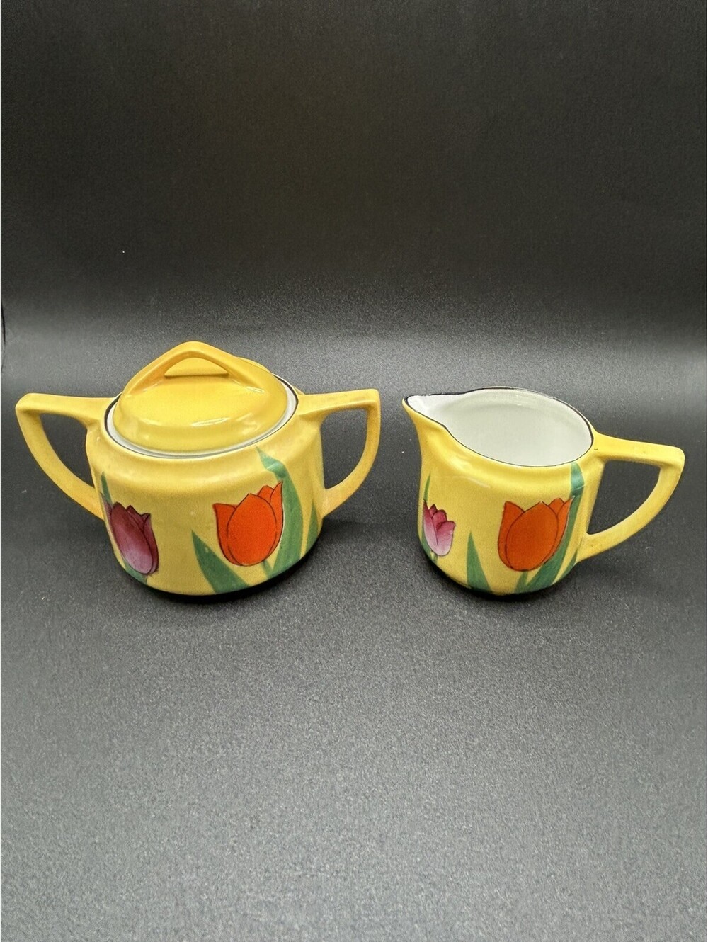 Vintage Set Of Hand Painted Okwan China Tulip Pattern Sugar Bowl & Creamer 1930s